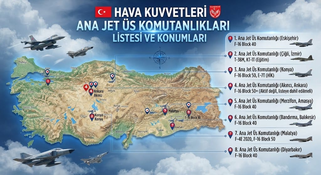 Hava Kuvvetleri Ana Jet Üs Komutanlıkları Listesi ve Konumları